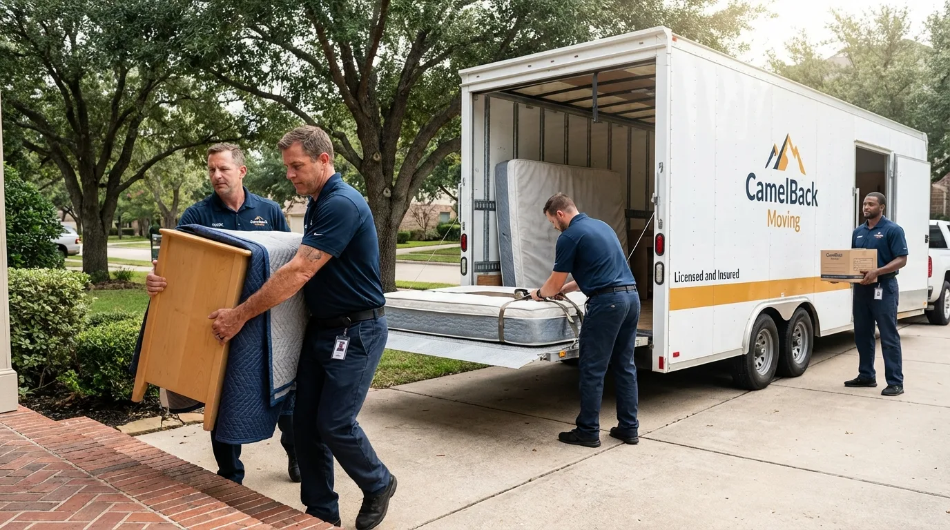 Crew loading residential truck for cross-state move from Piggott, AR