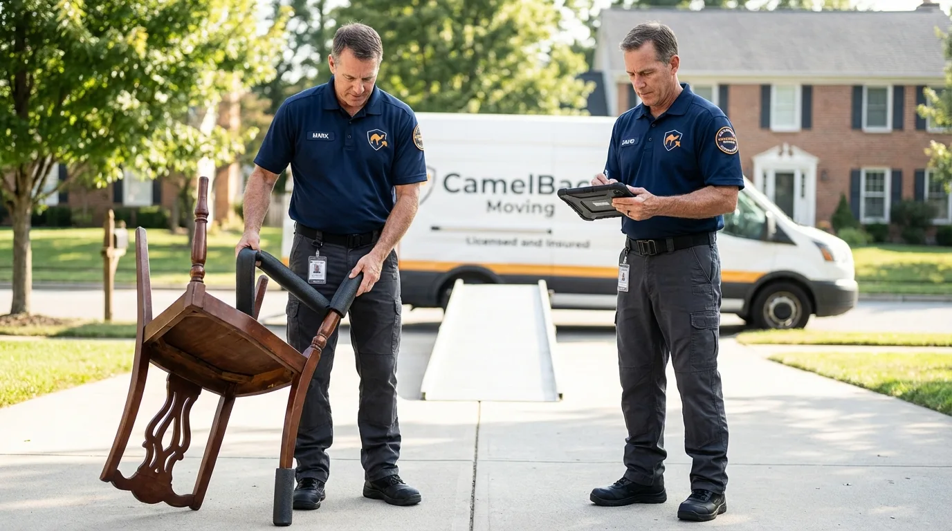 Movers inspecting furniture for damage prevention before loading in Piggott, AR